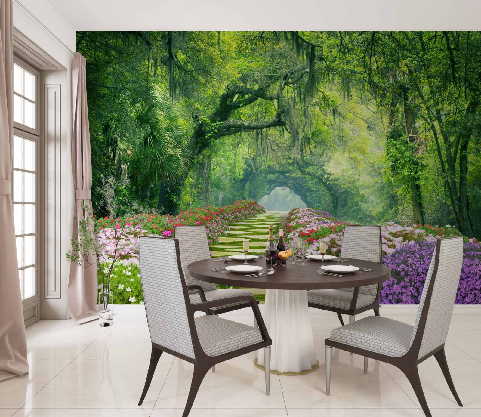 Fotobehang Een pad omringd door bloemen dat naar een groen bos leidt