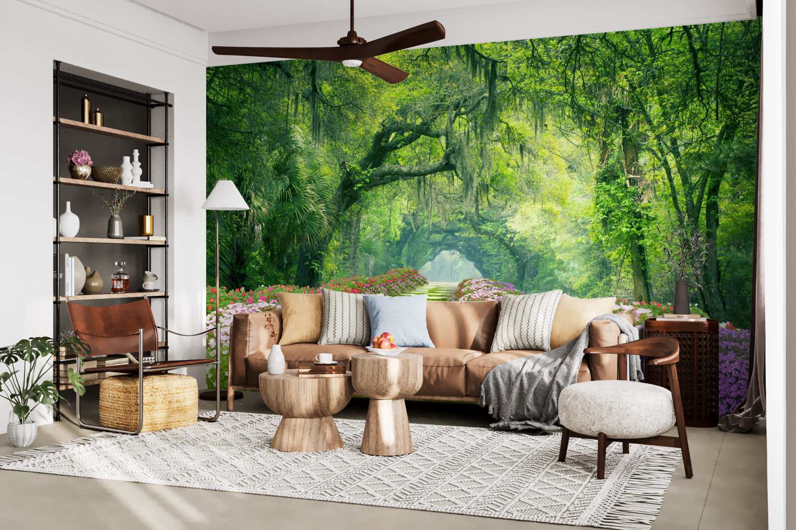 Fotobehang Een pad omringd door bloemen dat naar een groen bos leidt