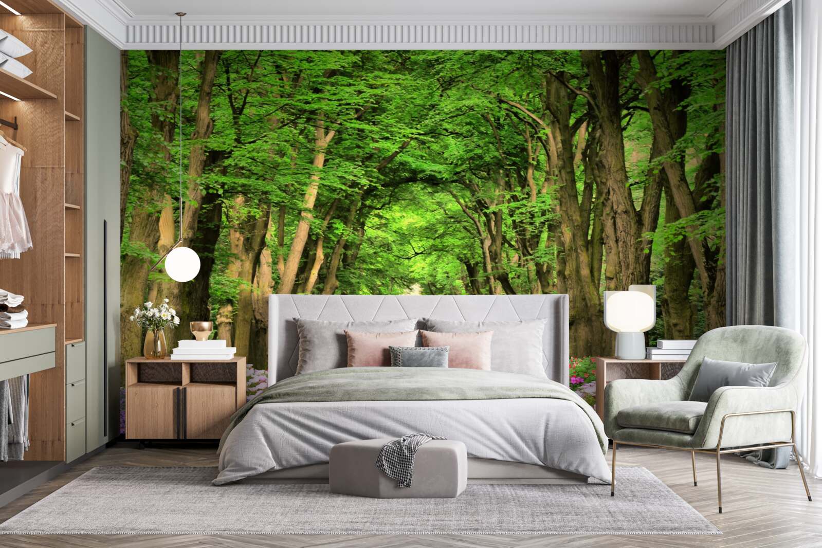 Fotobehang comfortabel pad door het groene struikgewas