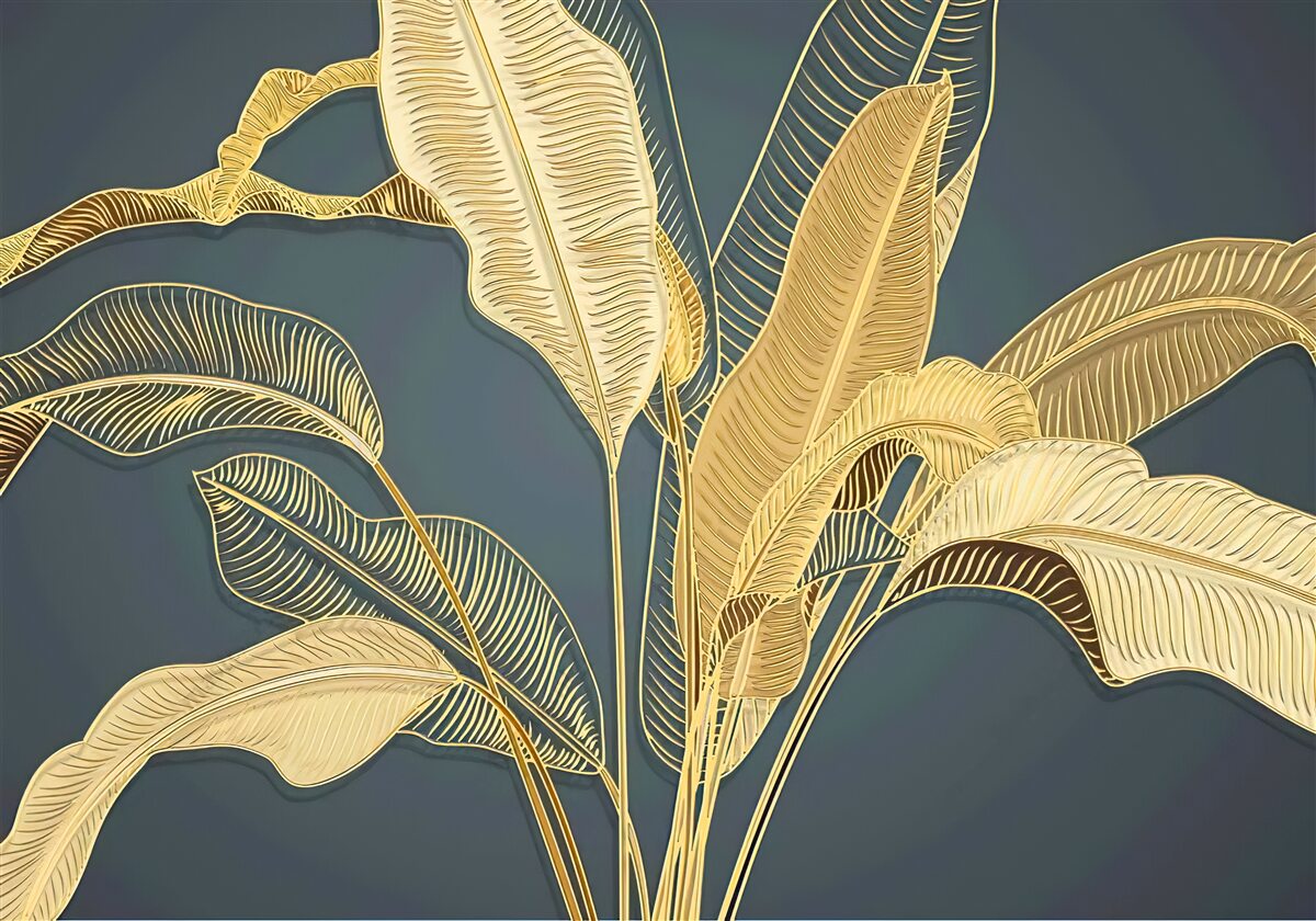 Fotobehang bronzen veerbladeren in een florale compositie