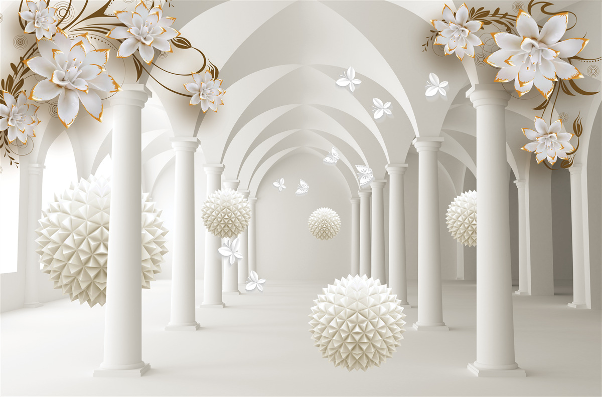 Fotobehang Gang in gotische stijl versierd met zwevende ballen en bloemen