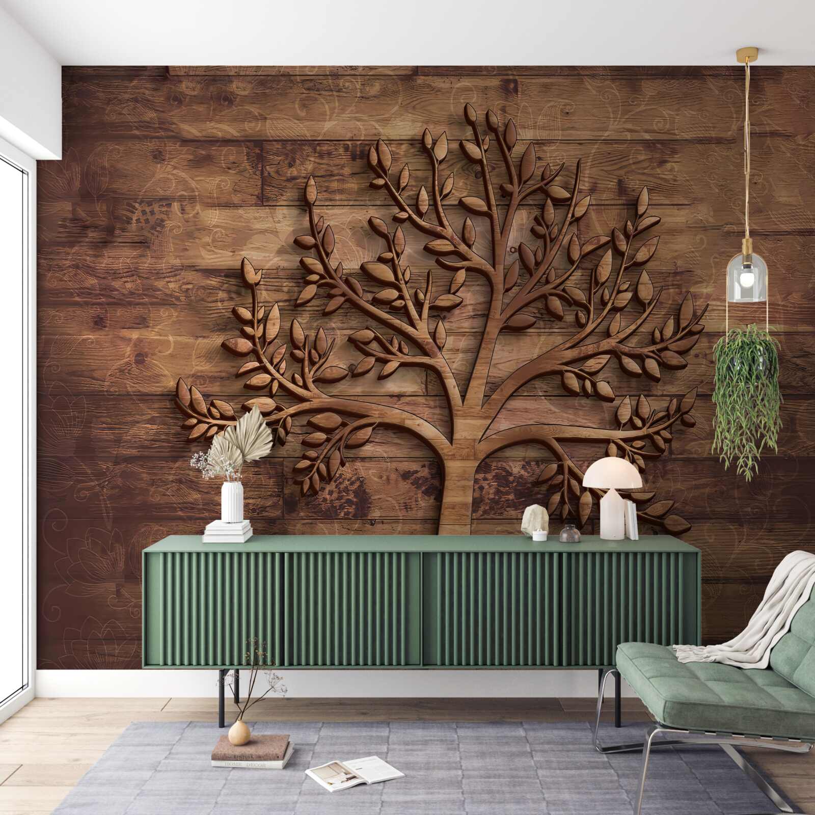 Fotobehang loofboom op houten achtergrond