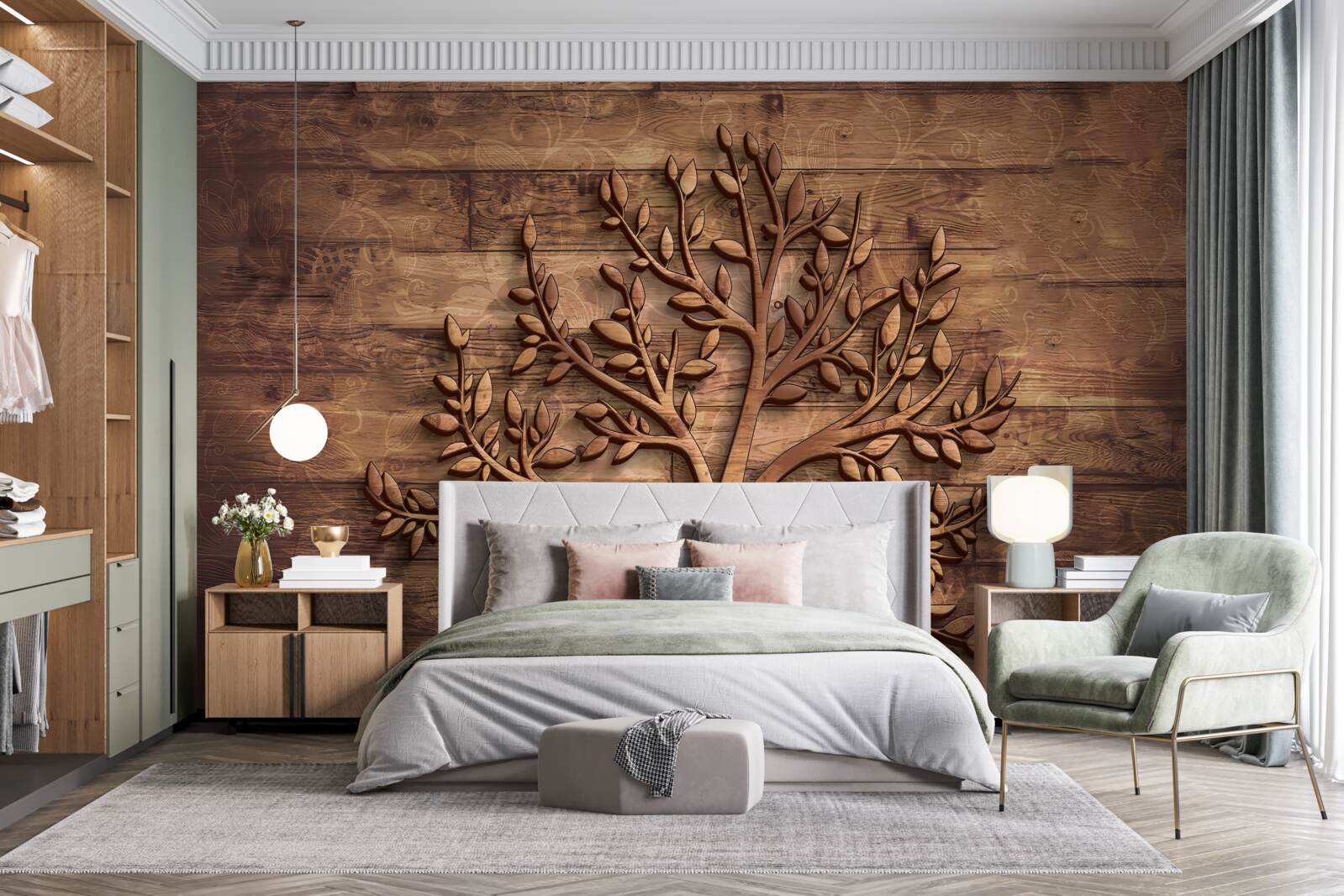 Fotobehang loofboom op houten achtergrond