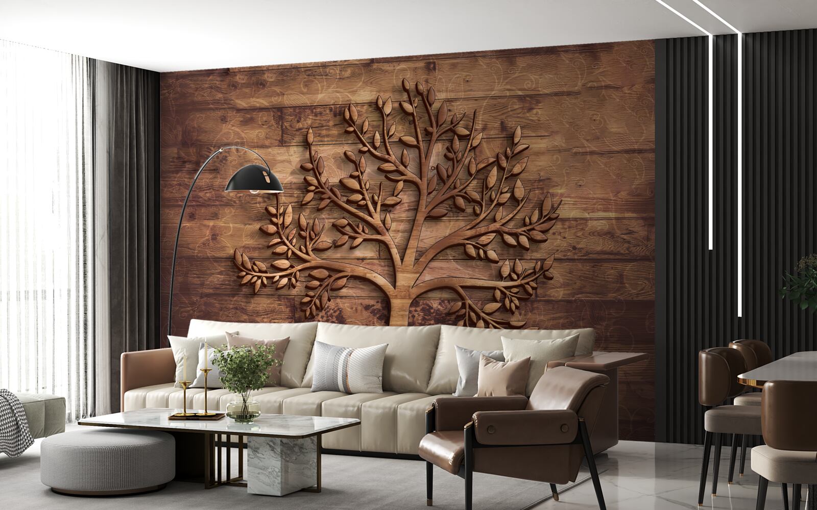 Fotobehang loofboom op houten achtergrond