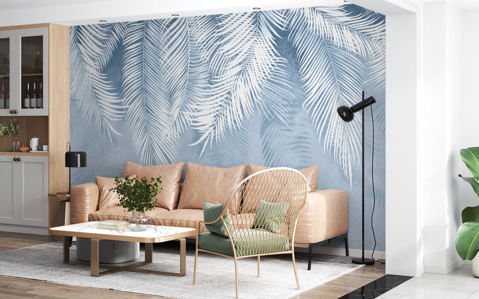 Fotobehang witte en blauwe veren op winterbladeren