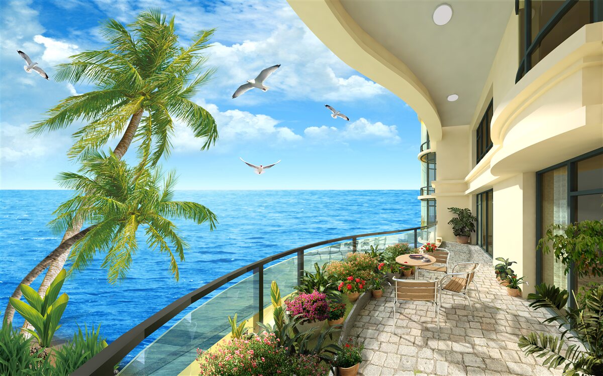 Fotobehang terras met uitzicht op de oceaan