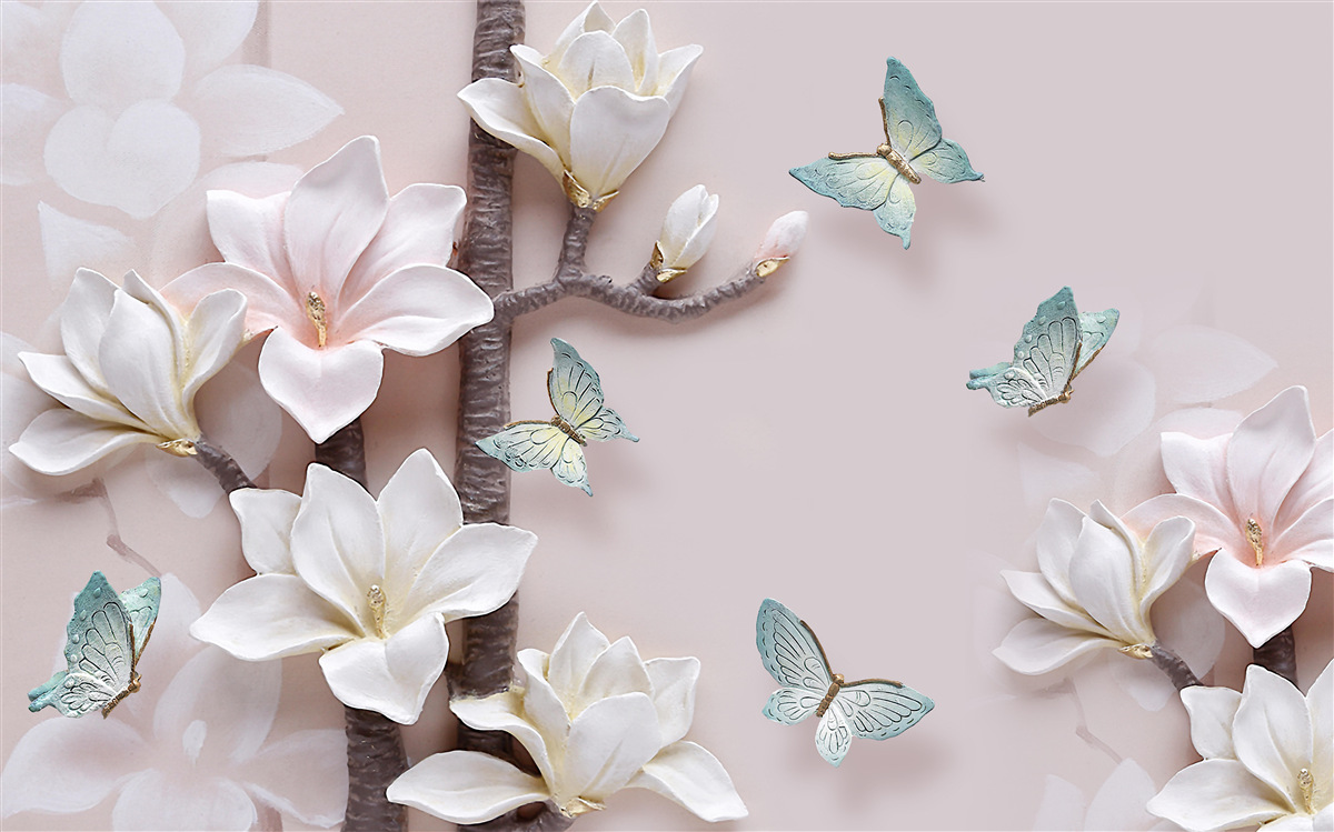 Fotobehang blauwe vlinders en witte bloemen