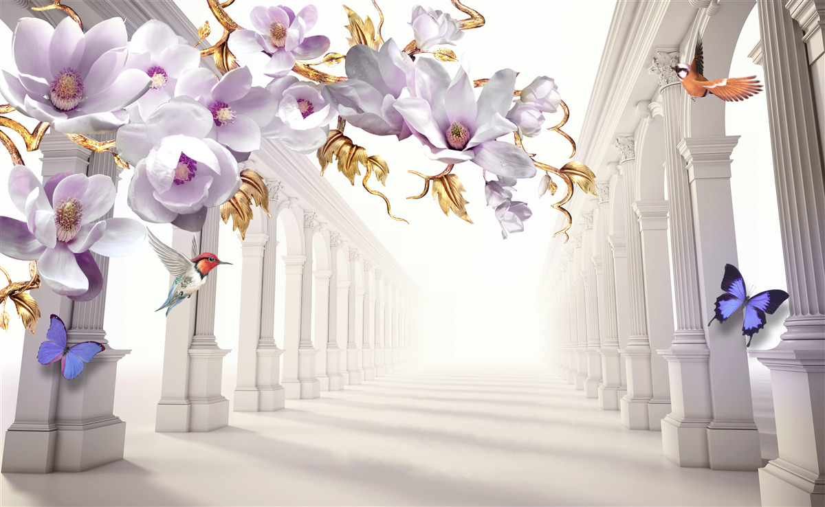 Fotobehang eindeloze tunnel versierd met felle bloemen en vlinders