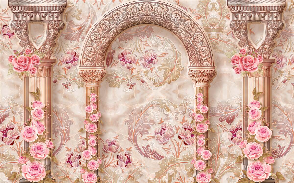 Fotobehang Boog versierd met roze bloemen