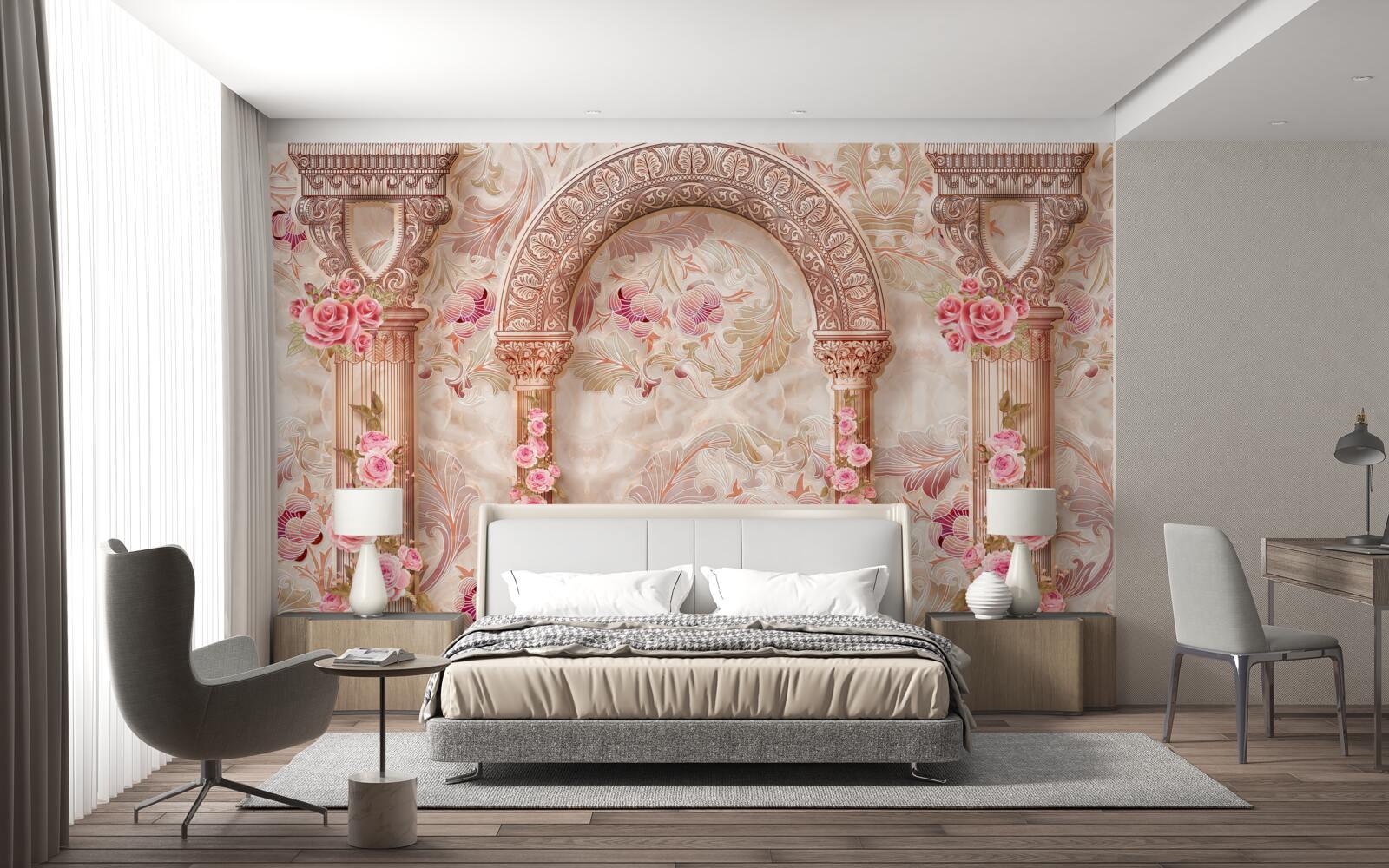 Fotobehang Boog versierd met roze bloemen