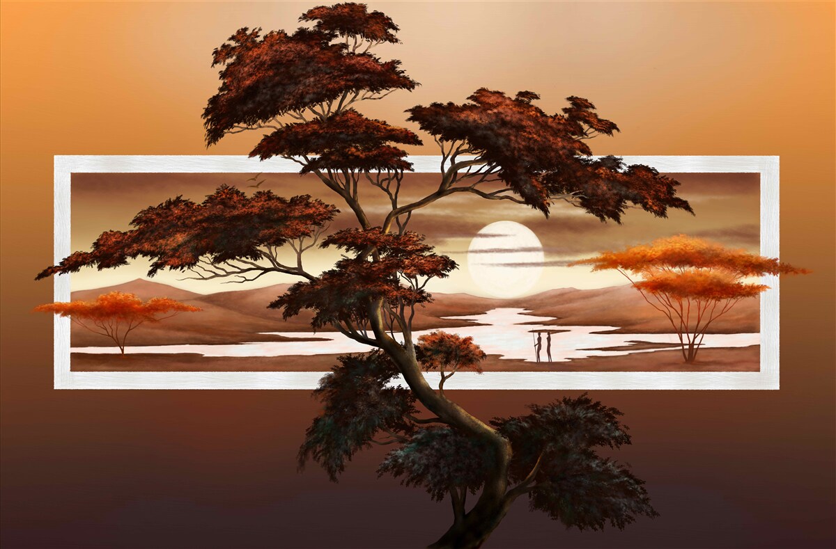 Fotobehang zon gaat onder boven bonsai