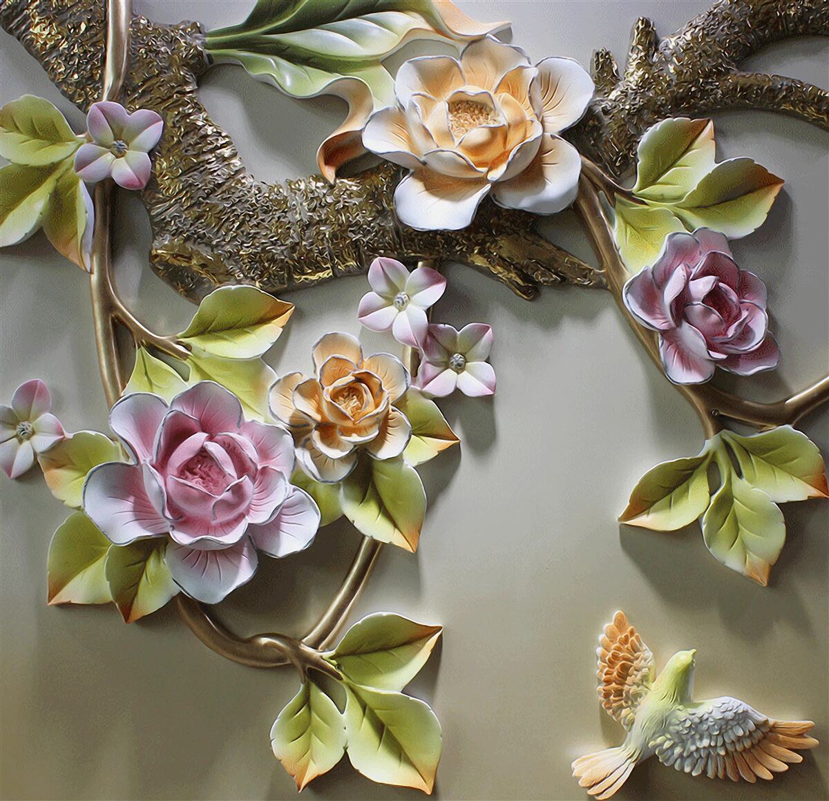 Fotobehang lotusbloemen in gele, witte en paarse tinten en een vogel