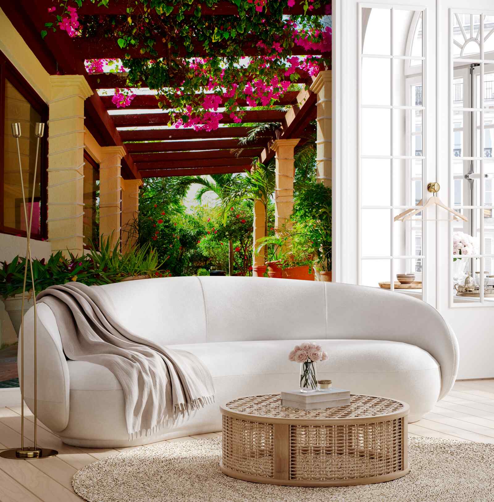 Fotobehang terras bij het huis, versierd met planten