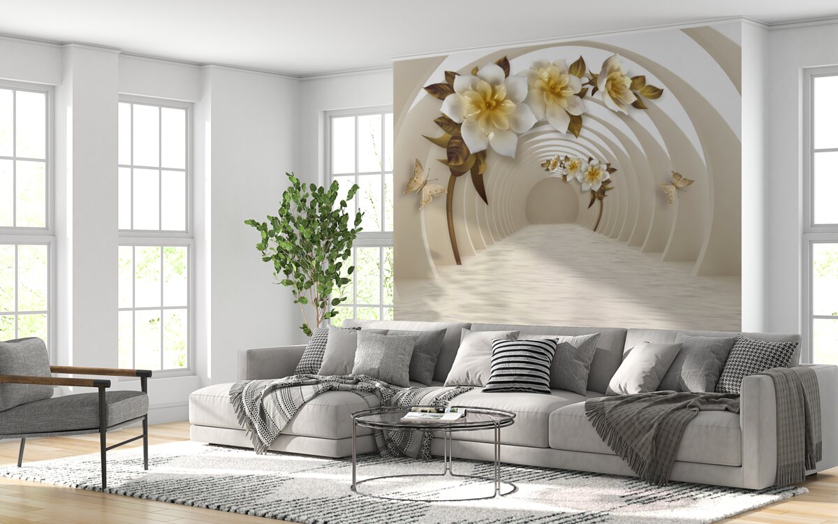 Fotobehang Als je naar buiten kijkt, zie je witte lotussen versierd met goud