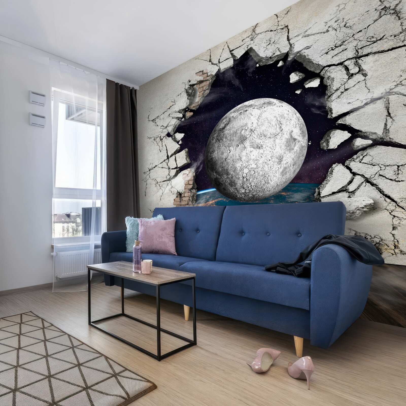 Fotobehang De muur wordt vernietigd in het maanlicht