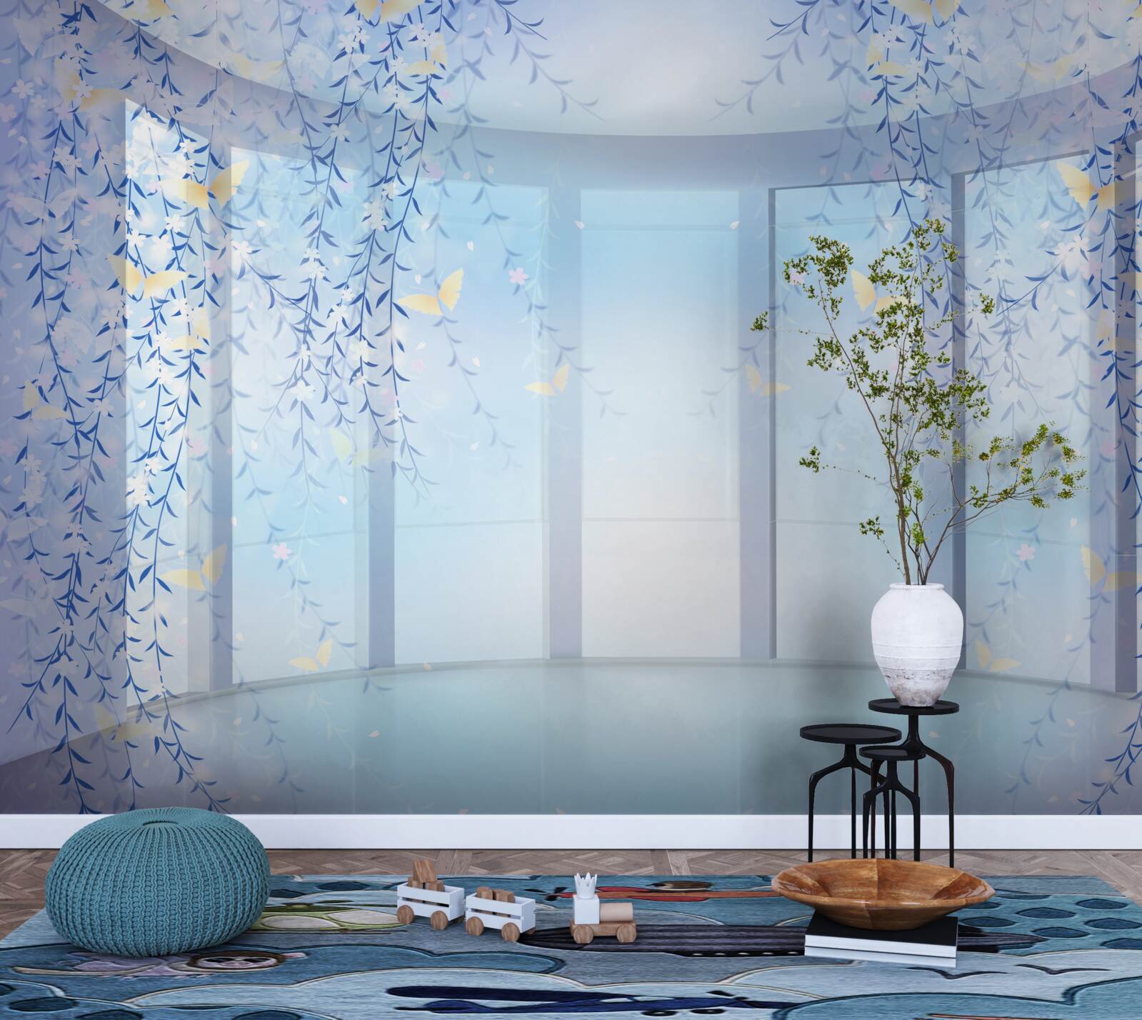 Fotobehang balkon met panoramisch uitzicht in blauwe tinten