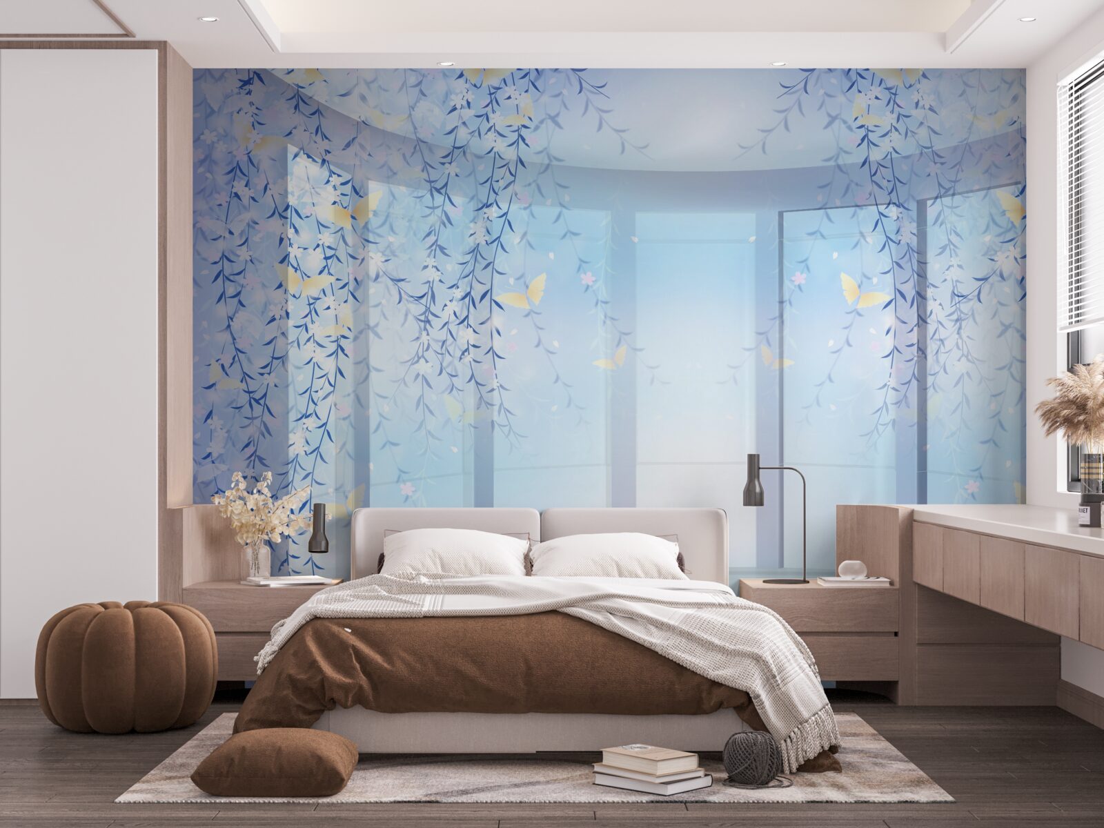 Fotobehang balkon met panoramisch uitzicht in blauwe tinten