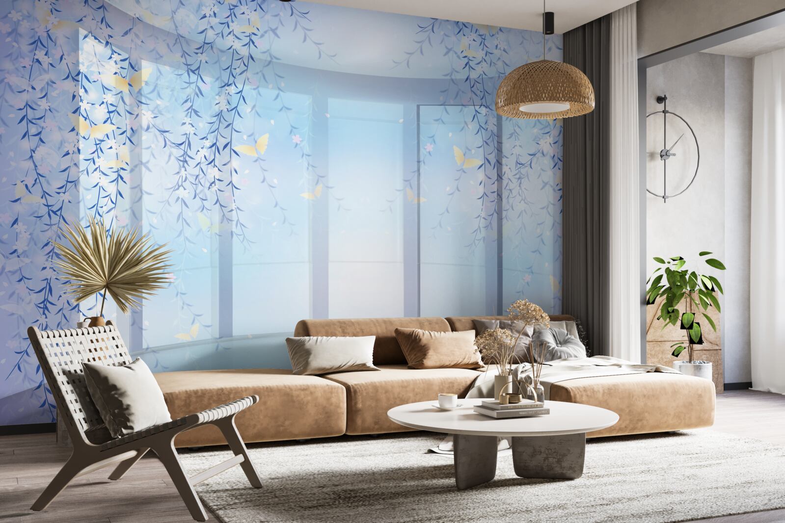 Fotobehang balkon met panoramisch uitzicht in blauwe tinten