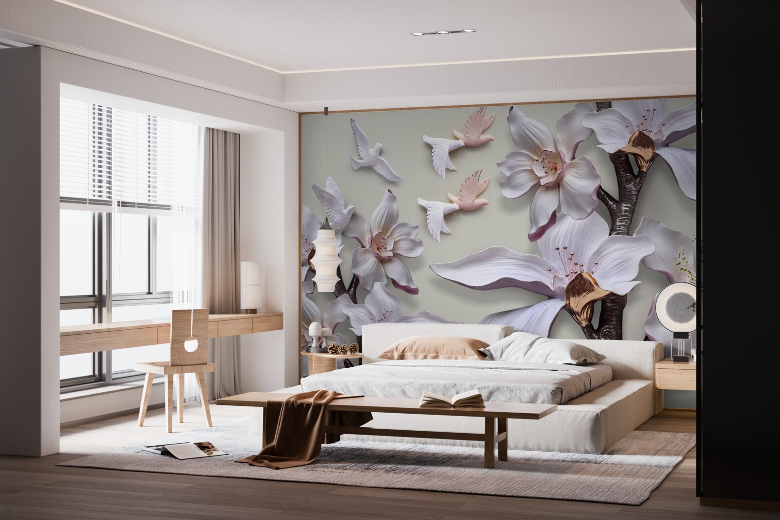 Fotobehang Sneeuwwitte bloemen en vogels