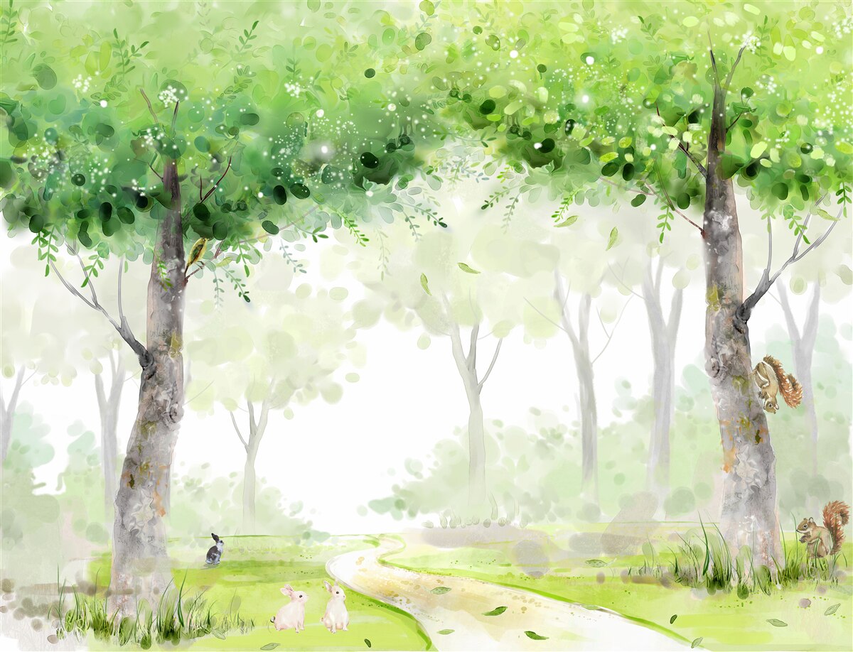 Fotobehang zomerbos geschilderd in aquarel