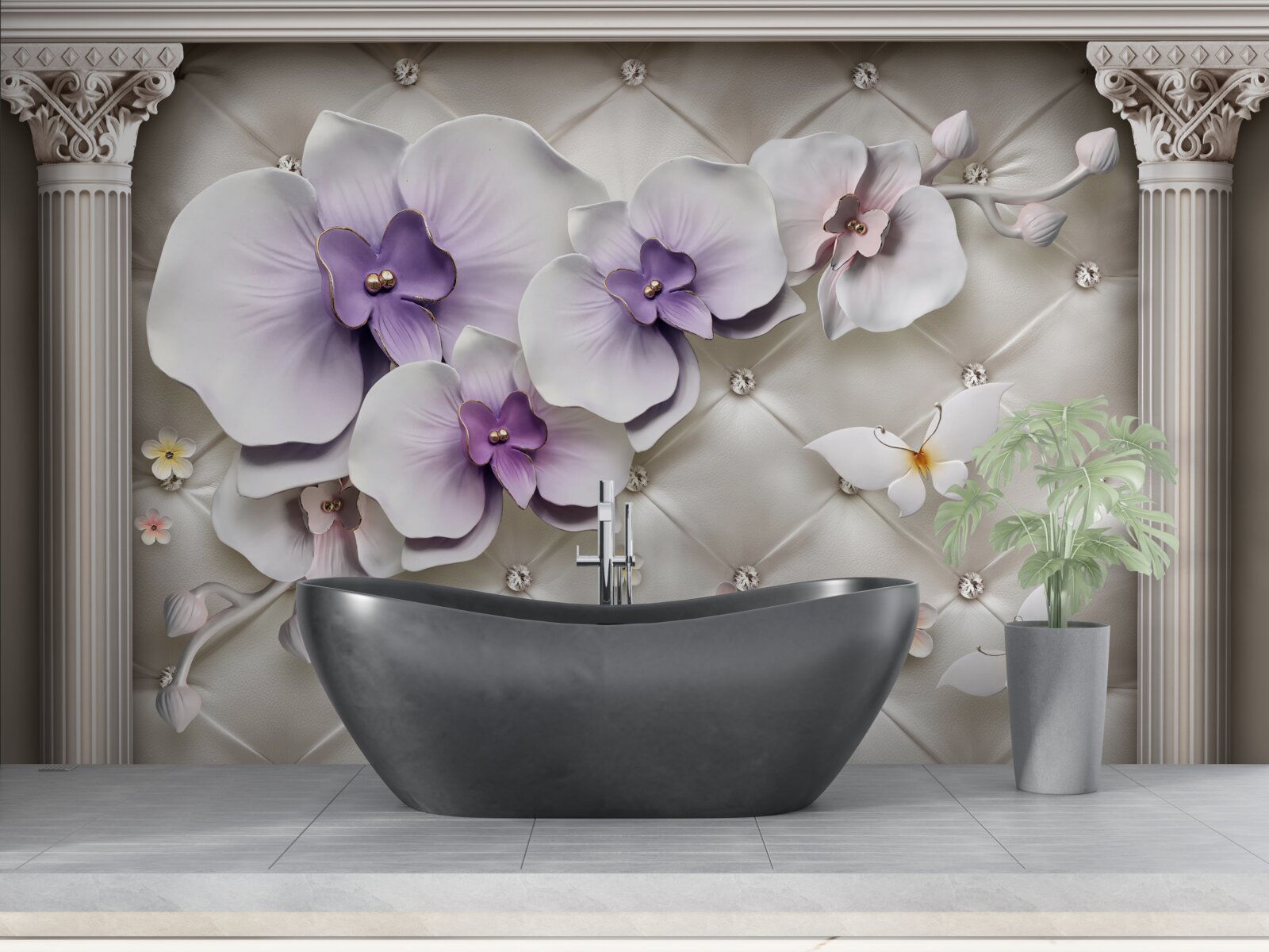 Fotobehang Sneeuwwitte orchidee versierd met goud en parels