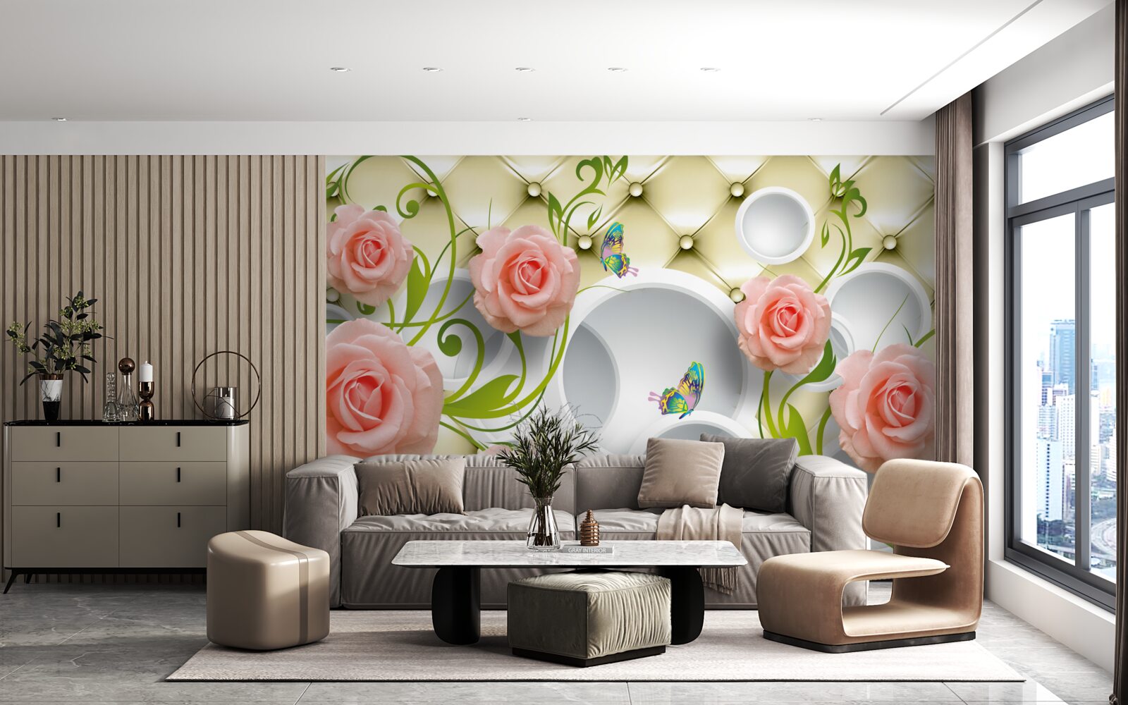Fotobehang een roze roos op een beige achtergrond op een tak