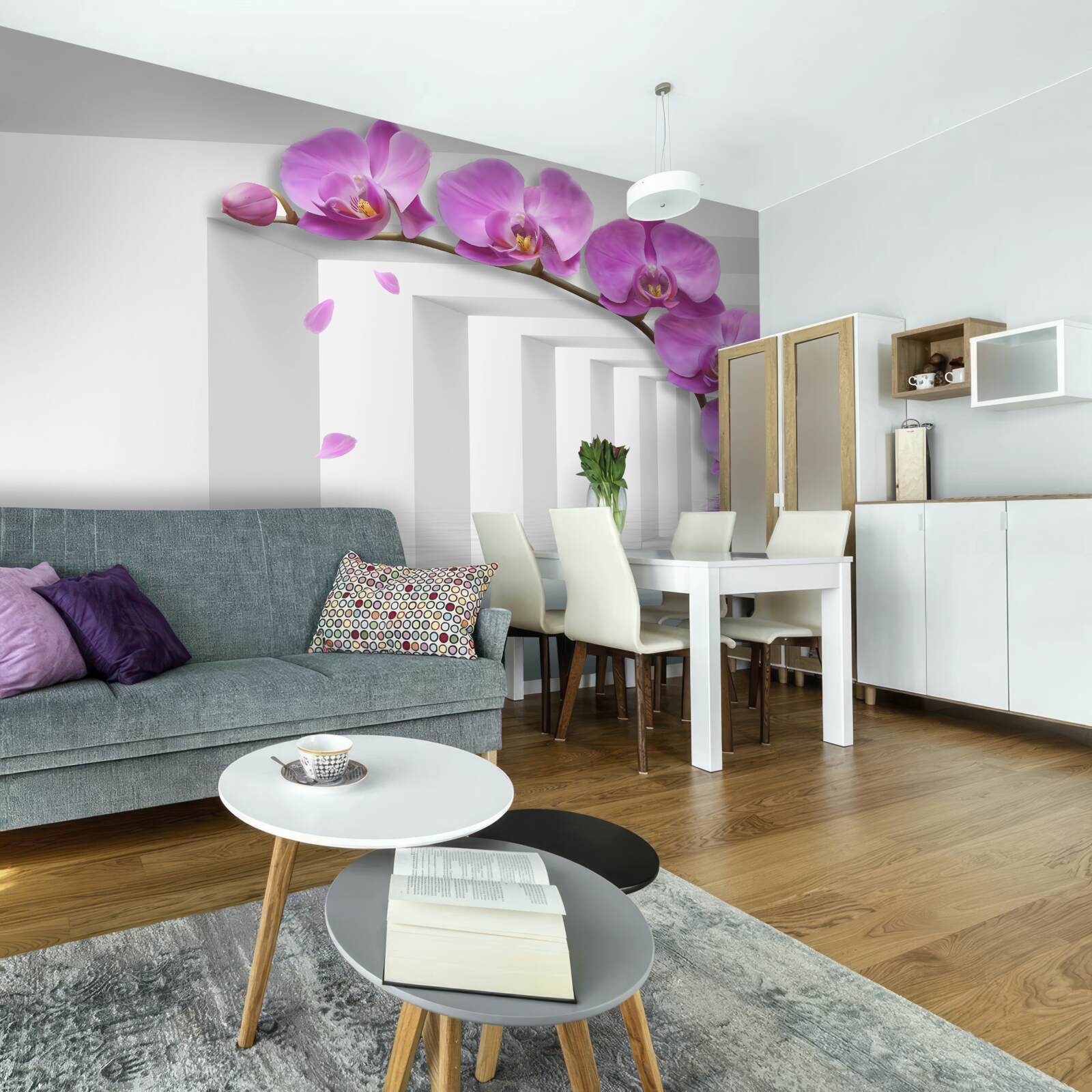 Fotobehang lila orchidee op een tak omringd door witte bogen