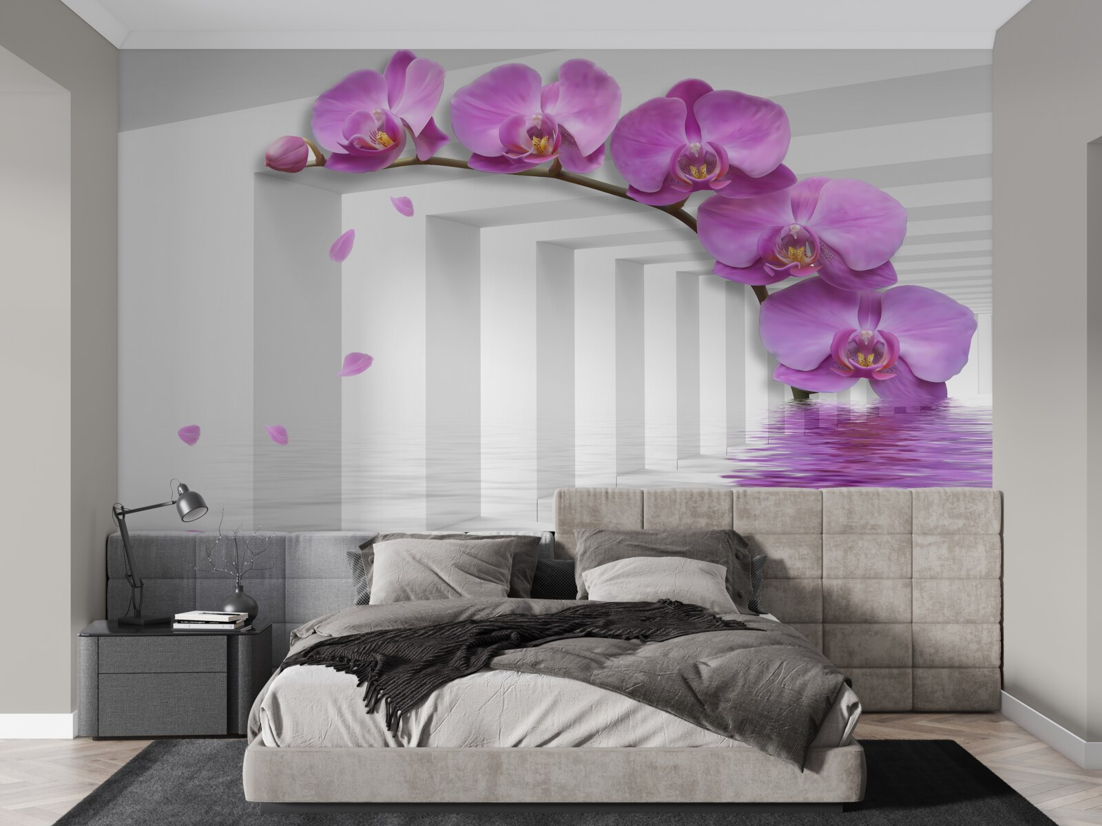 Fotobehang lila orchidee op een tak omringd door witte bogen