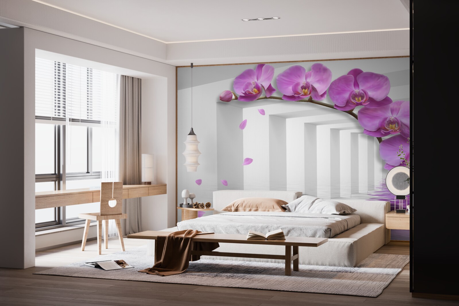 Fotobehang lila orchidee op een tak omringd door witte bogen