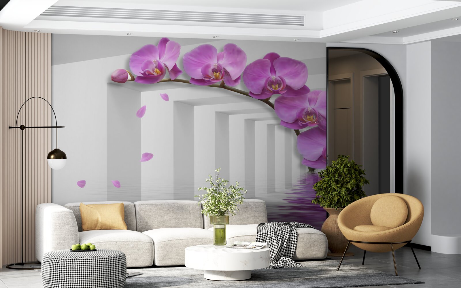 Fotobehang lila orchidee op een tak omringd door witte bogen