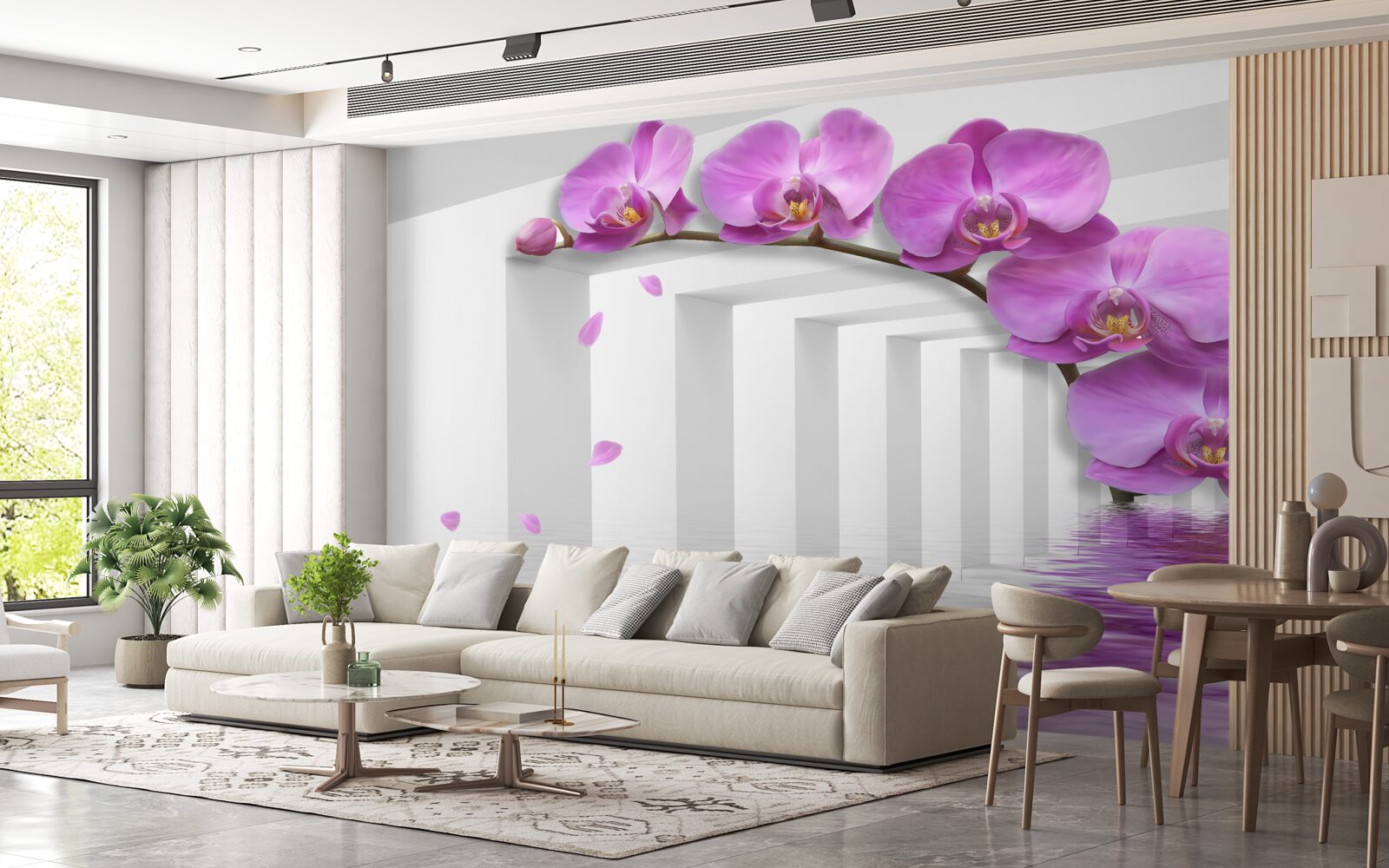 Fotobehang lila orchidee op een tak omringd door witte bogen