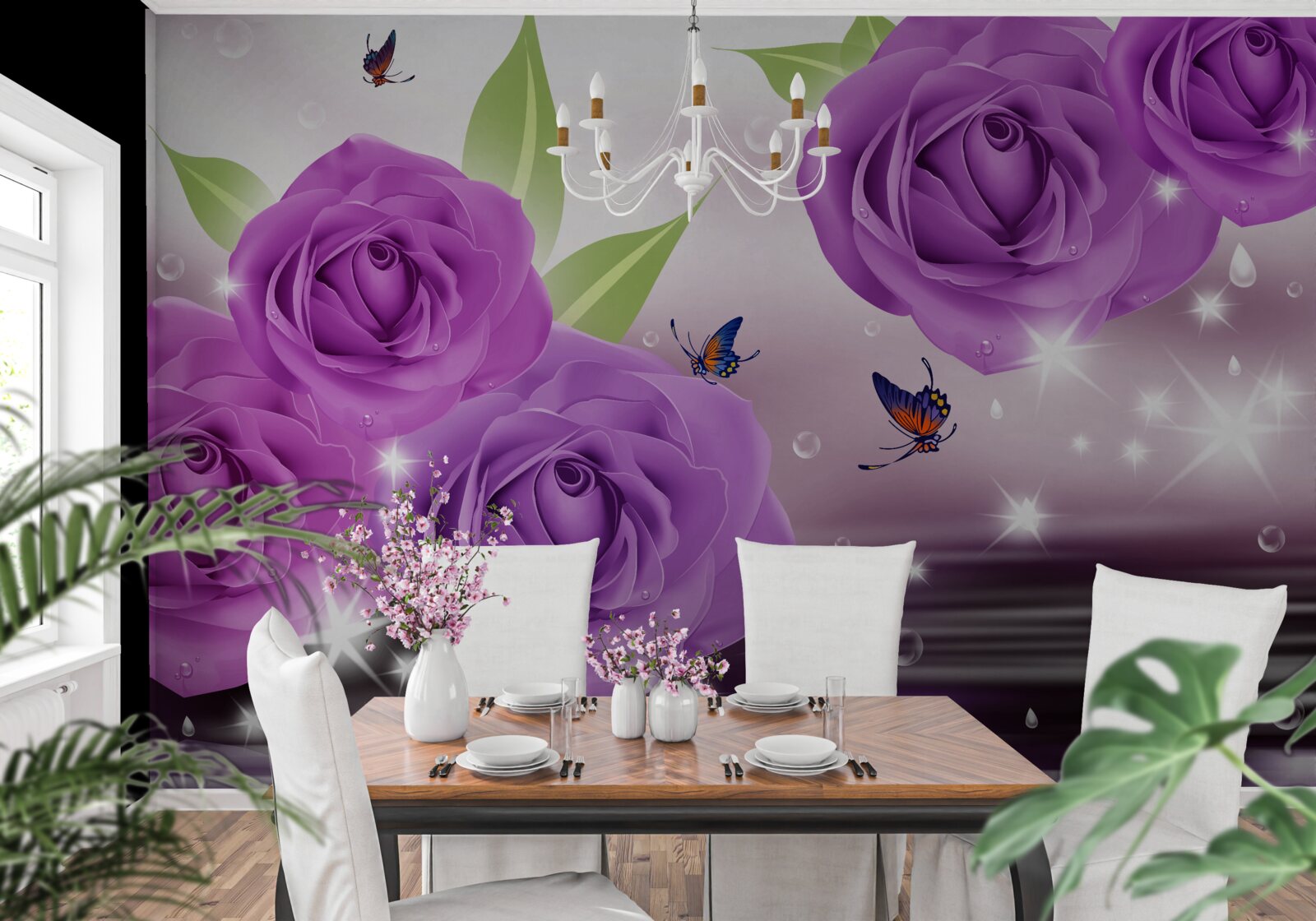Fotobehang vlinders en rozen hebben de kleur van donkerpaarse seringen