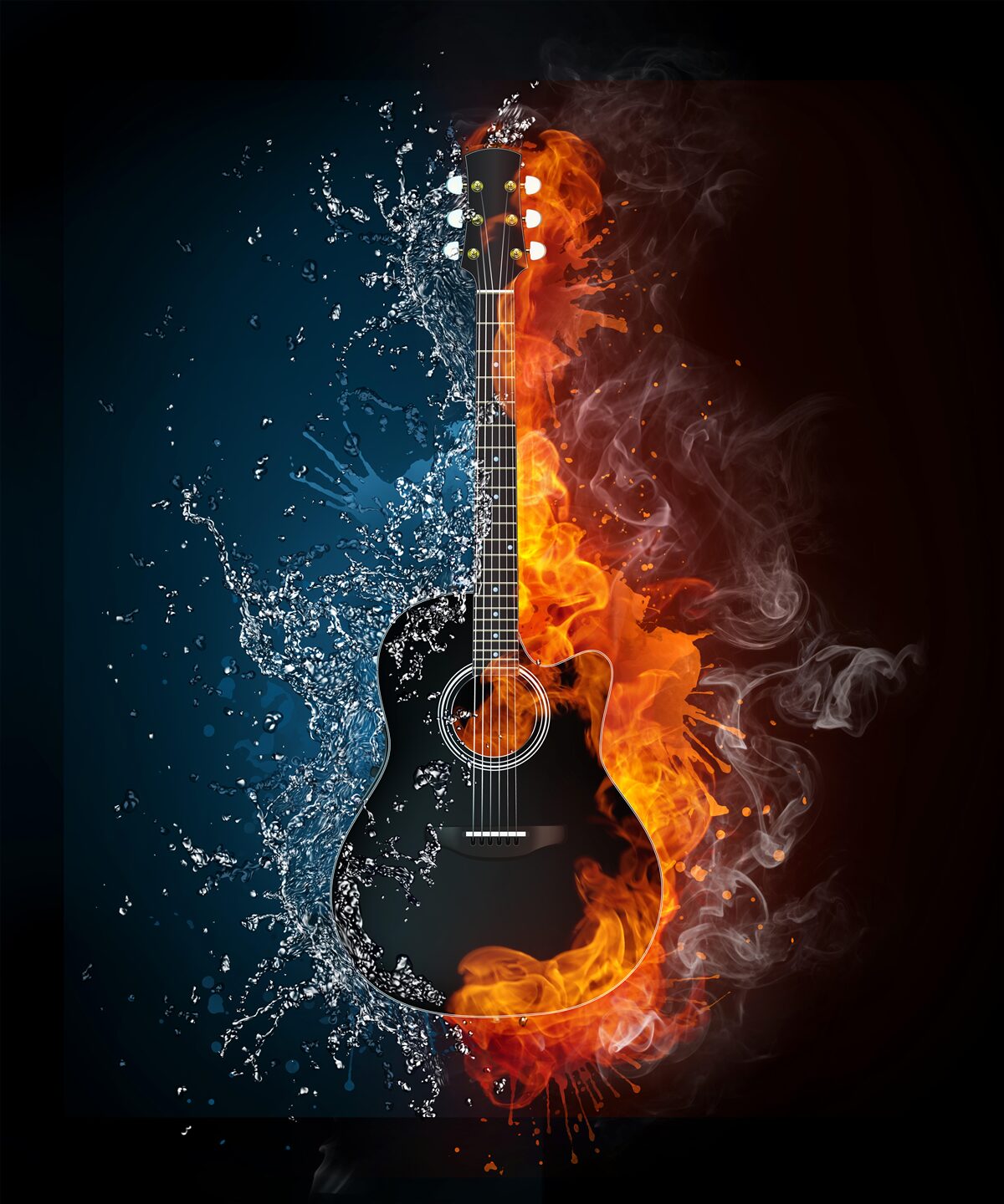 Fotobehang water en vuur omringen de gitaar