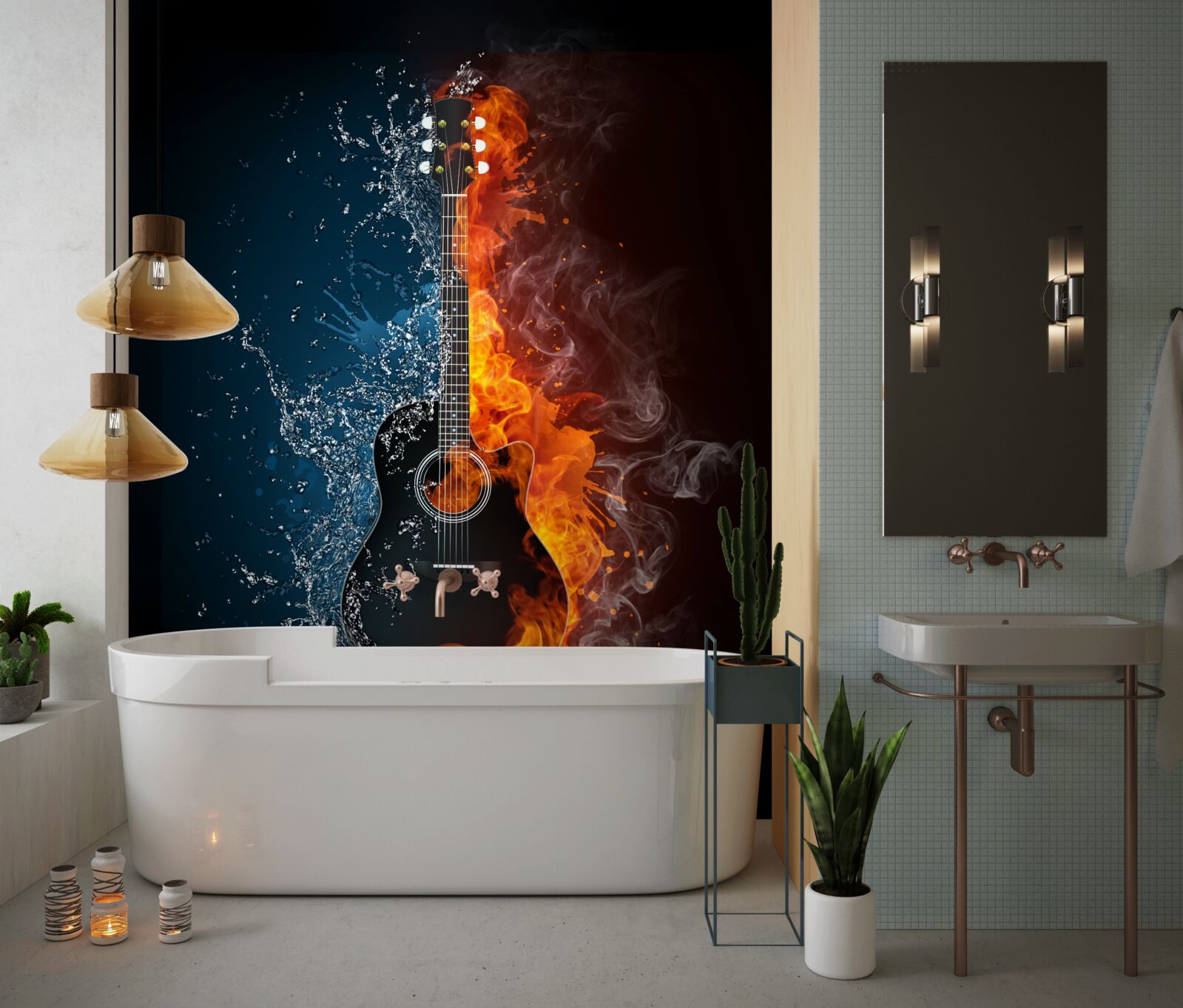 Fotobehang water en vuur omringen de gitaar
