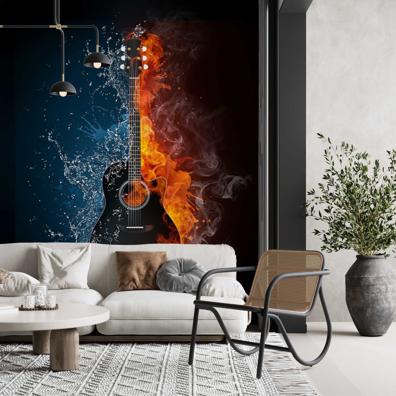 Fotobehang water en vuur omringen de gitaar