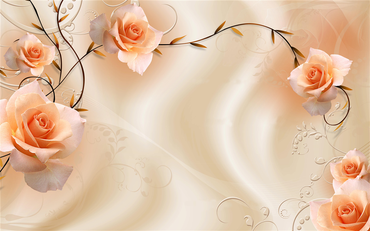 Fotobehang perzikkleurige roos op takken en zijde