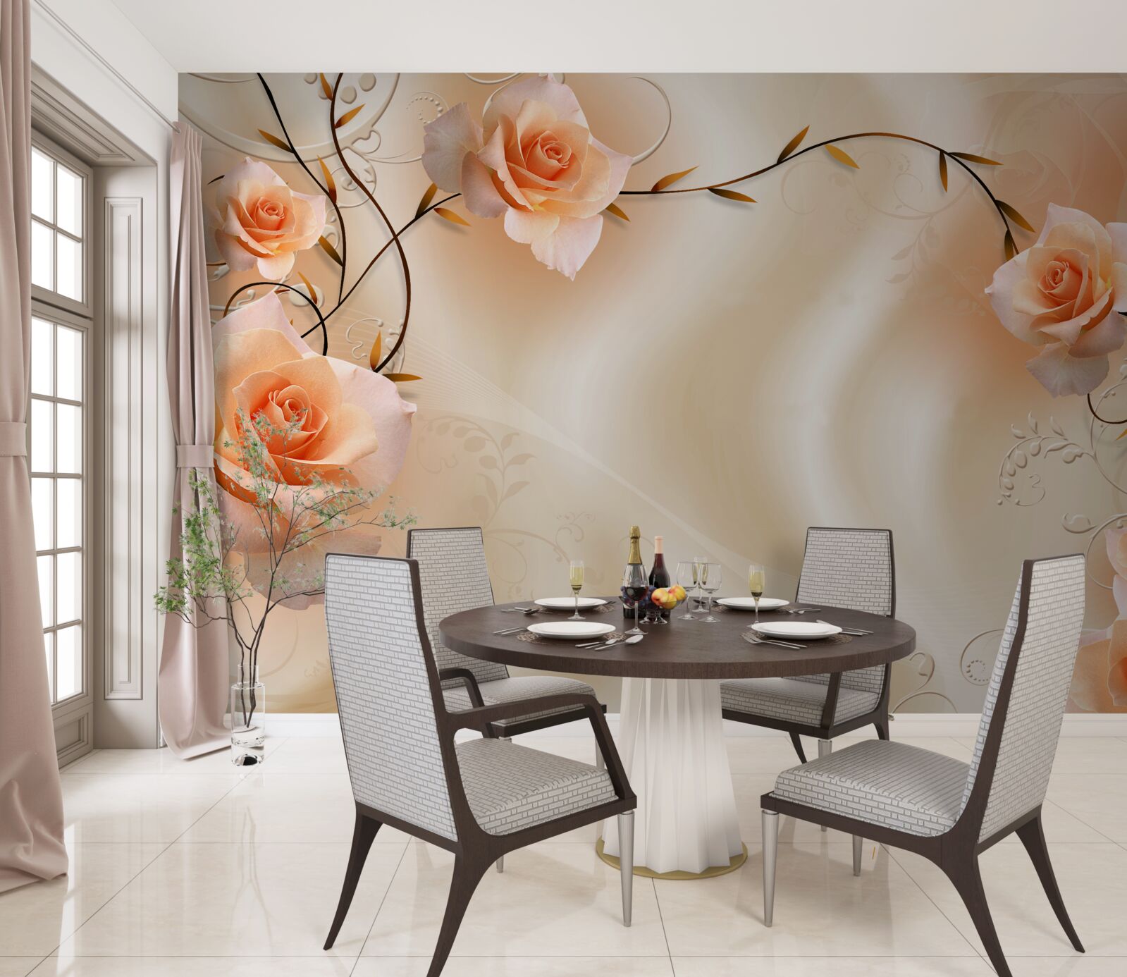 Fotobehang perzikkleurige roos op takken en zijde