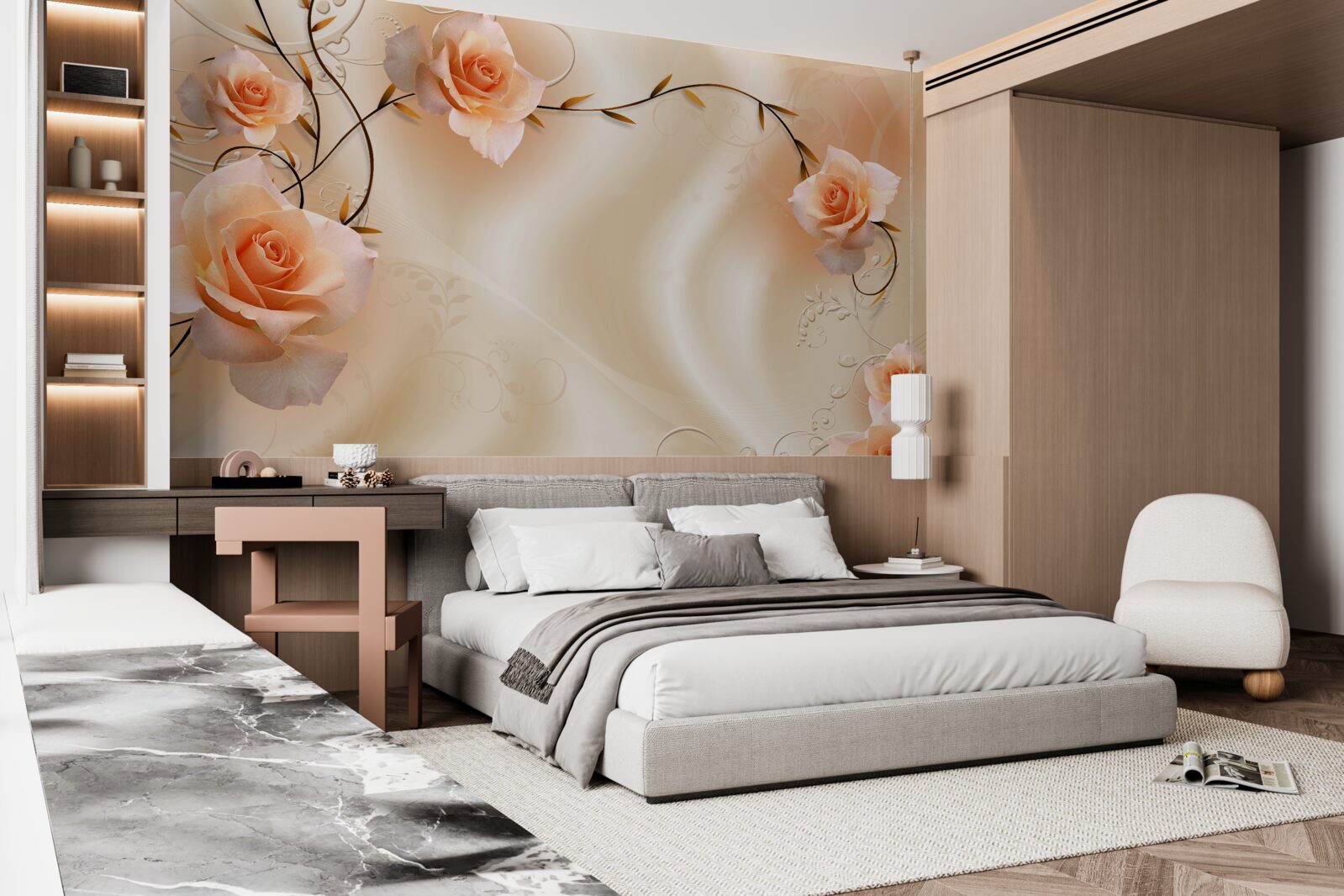 Fotobehang perzikkleurige roos op takken en zijde