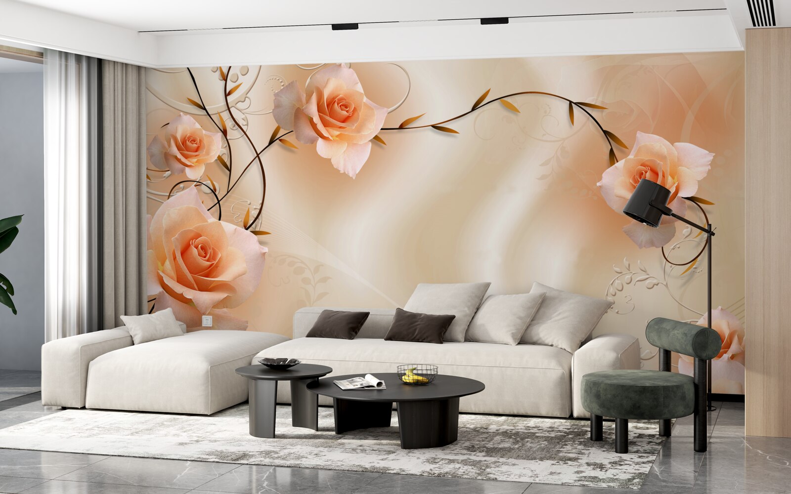 Fotobehang perzikkleurige roos op takken en zijde