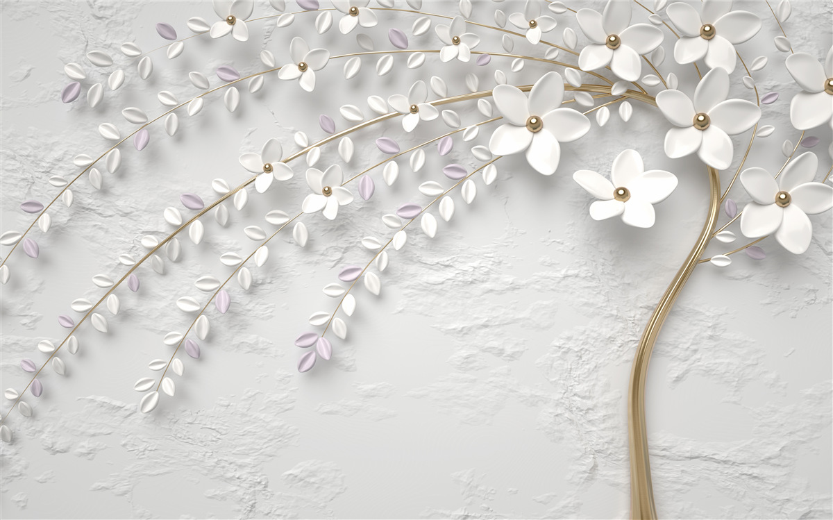 Fotobehang lenteboom versierd met witte bloemen