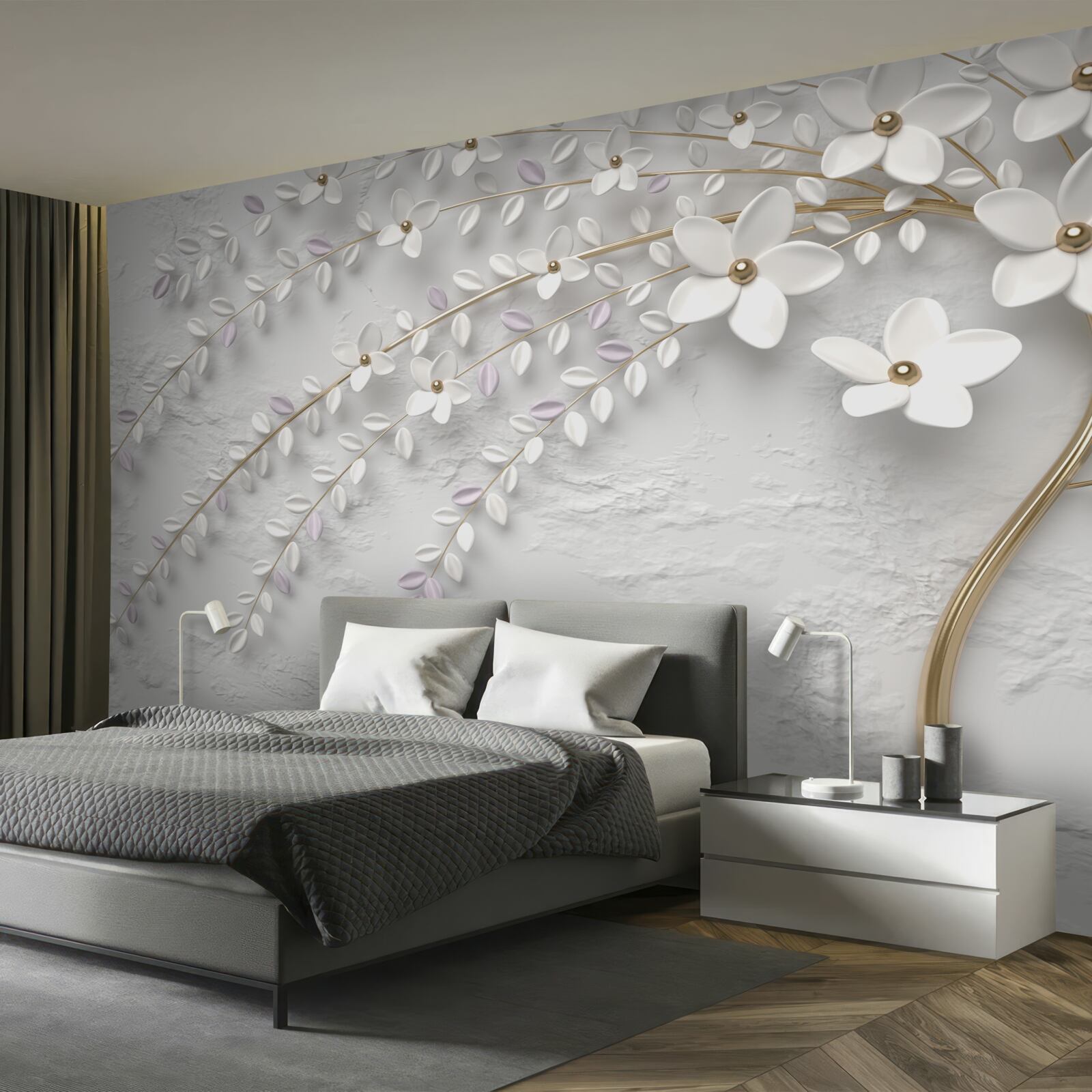 Fotobehang lenteboom versierd met witte bloemen