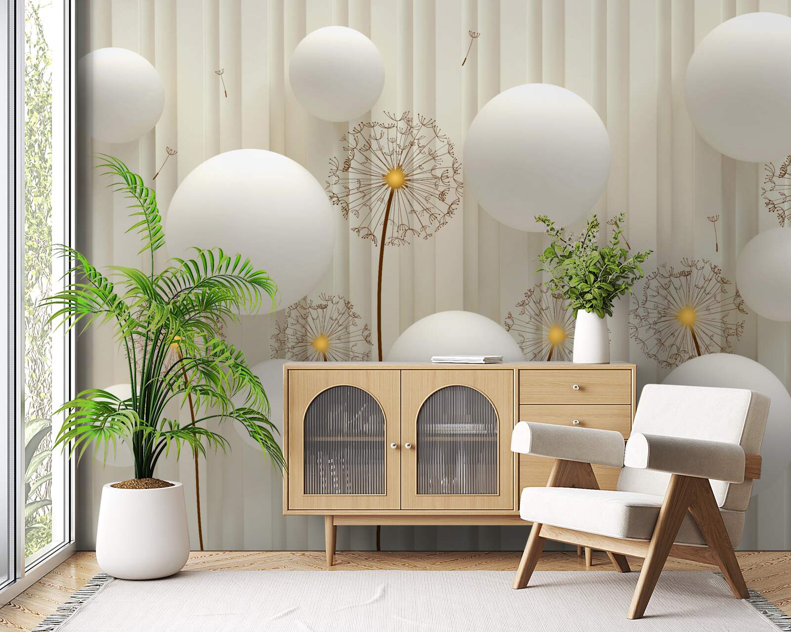 Fotobehang compositie met witte kuit, versierd met ballen