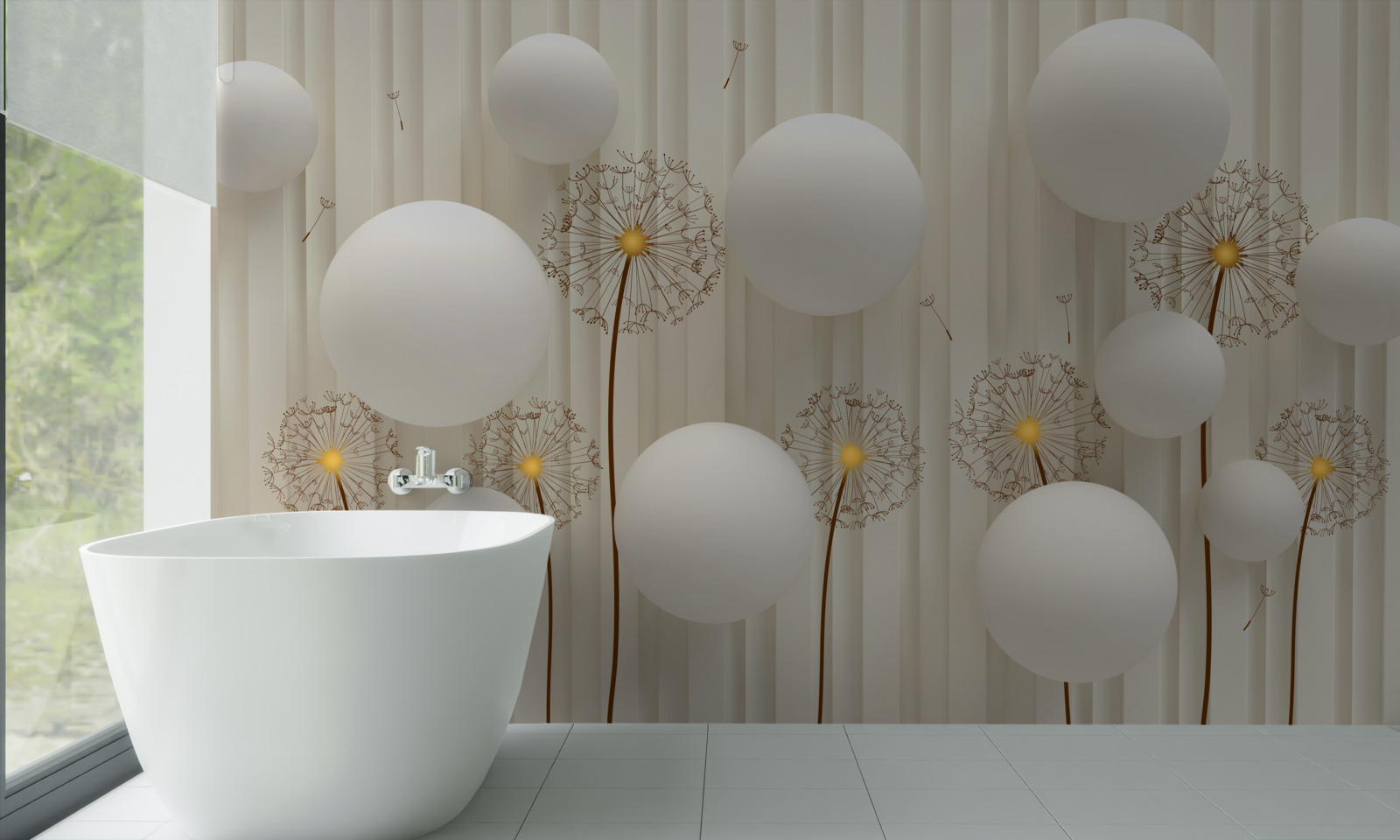 Fotobehang compositie met witte kuit, versierd met ballen