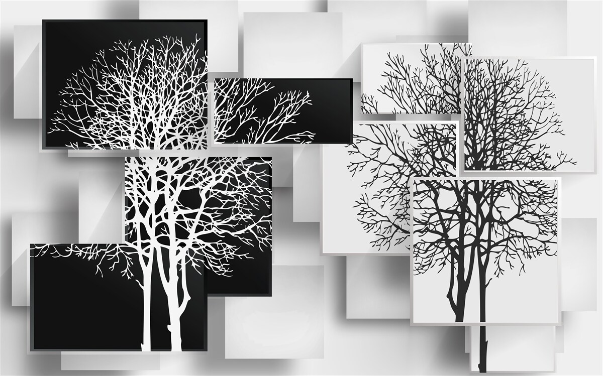 Fotobehang bomen zijn zwart en wit tegen een achtergrond van rechthoeken