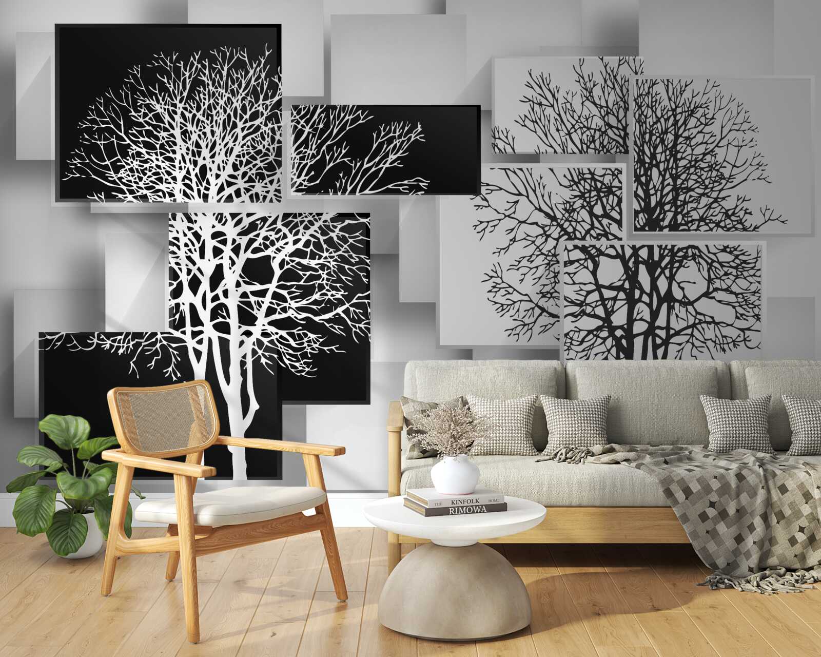 Fotobehang bomen zijn zwart en wit tegen een achtergrond van rechthoeken