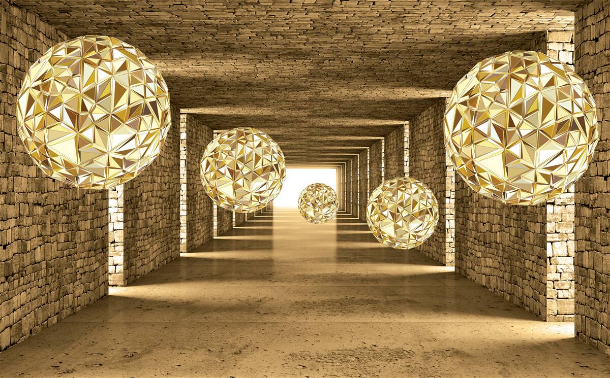 Fotobehang abstract beeld van ballen en tunnel in gouden tinten