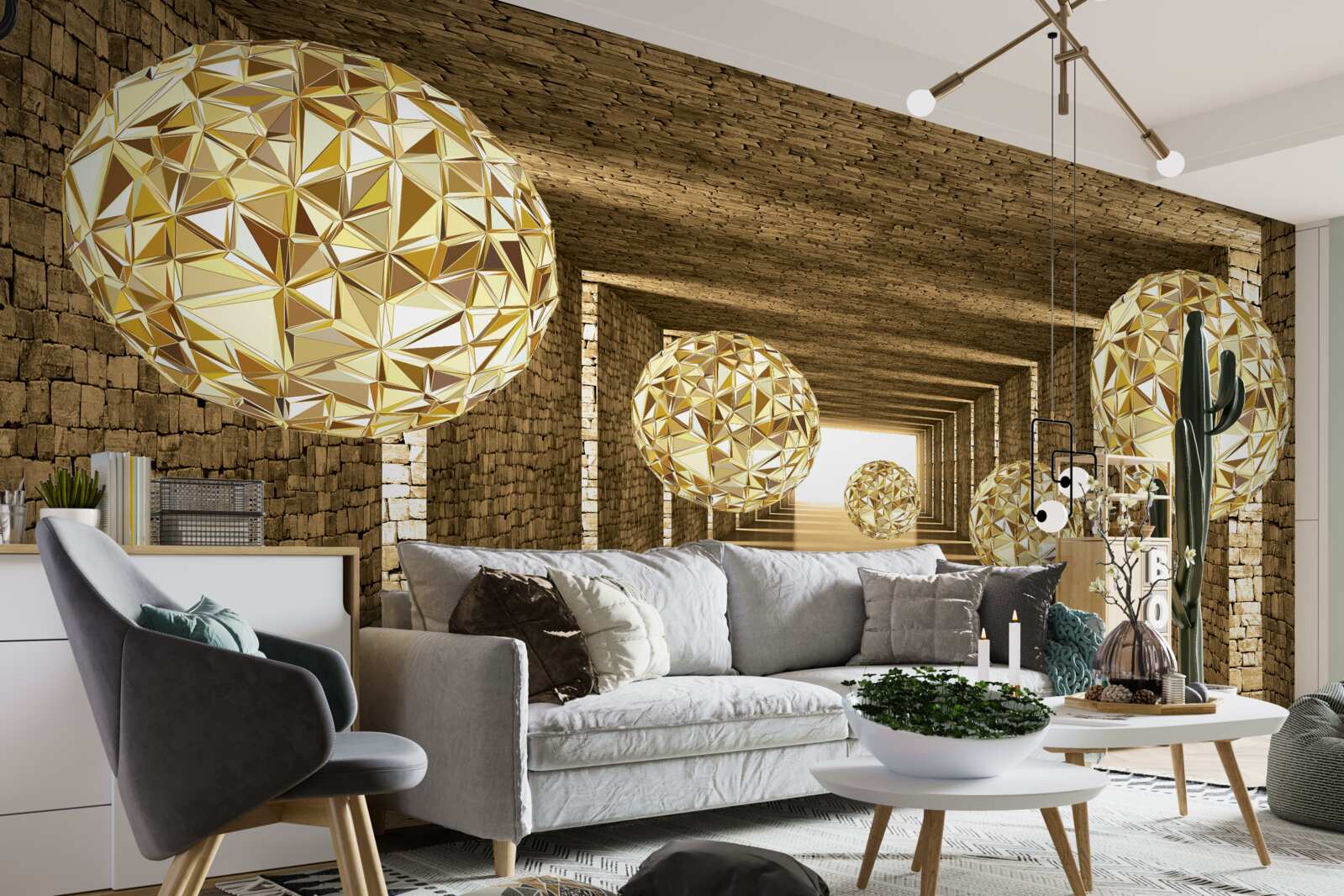 Fotobehang abstract beeld van ballen en tunnel in gouden tinten