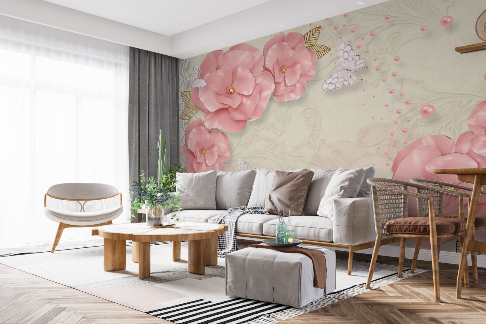 Fotobehang indrukwekkende roze knoppen en zuiver witte motten