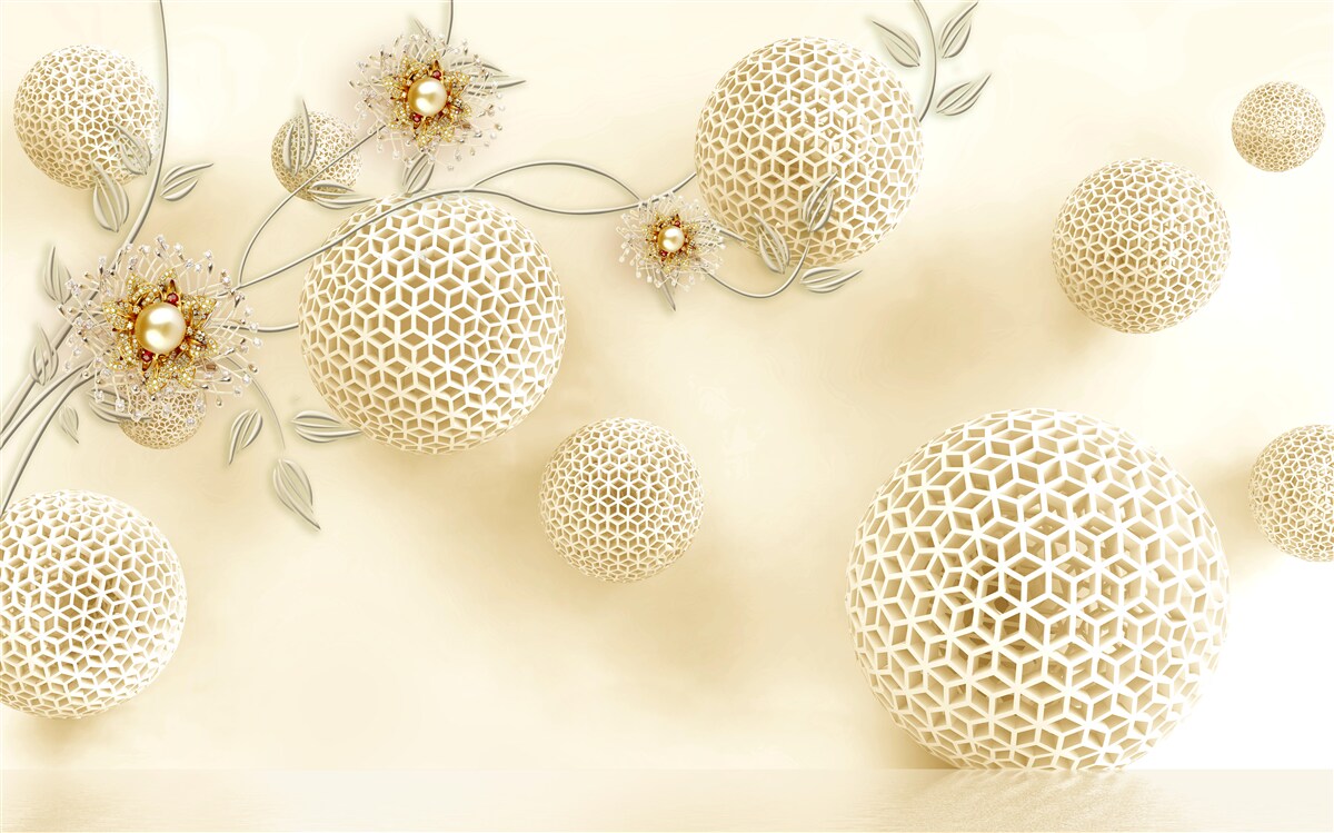 Fotobehang textuurballen zwevend in de lucht en witte bloemen