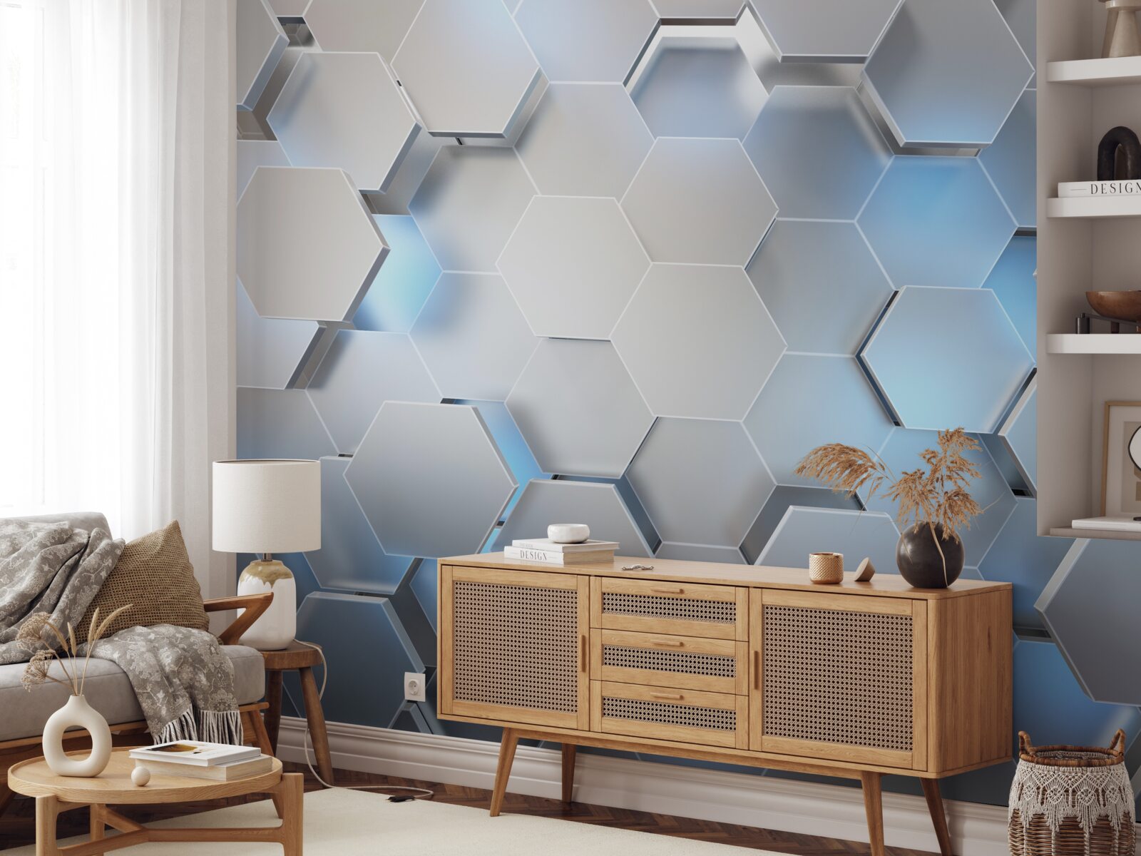 Fotobehang grijze zeshoeken met blauw accent